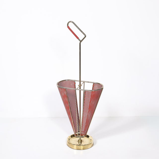 Mid-Century Modernist Sculptural Brass & Carnelian Red Enamel Umbrella Stand For Sale - Image 18 of 18