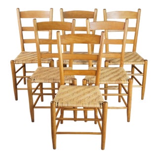 6 Antique Country Farmhouse Maple Ladderback Woven Rattan Dining Chairs For Sale