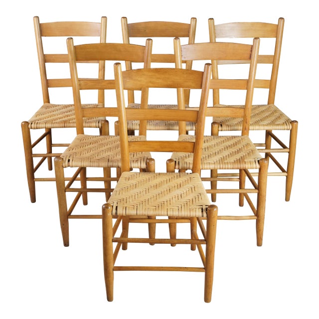 6 Antique Country Farmhouse Maple Ladderback Woven Rattan Dining Chairs For Sale