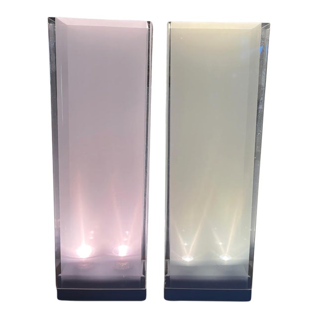 1990s Pablo Designs San Francisco Frosted Lucite Architectural Table Lamps - a Pair For Sale
