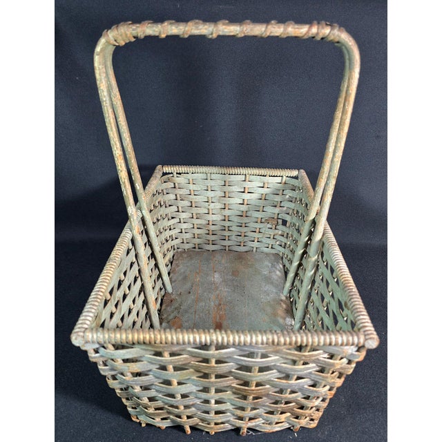 Antique American Primitive Painted Splint Gathering Basket With Solid Wood Bottom And Verdigris Patina This exceptional...