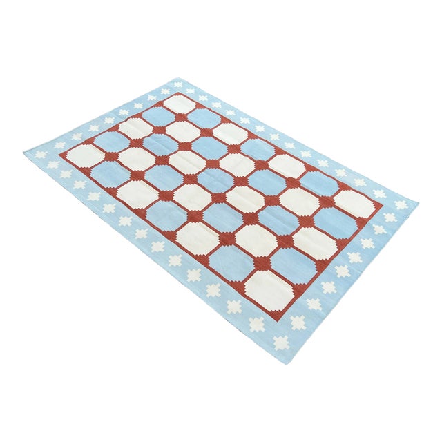 Handwoven Cotton Area Rug Vegetable Dyed Sky Blue and Terracotta Red Tile Patterned Gingham Dhurrie - 8'x10' For Sale