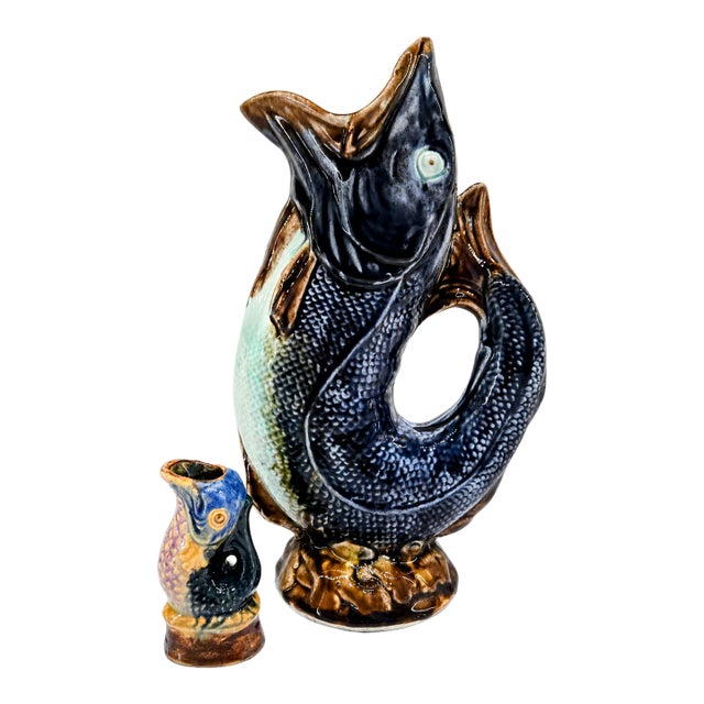 Mid 20th Century Majolica Blue & Tortoise Ceramic Fish Pitcher and Mini Accent Vase – 2-Piece Set For Sale