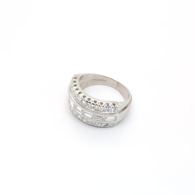 Vintage Platinum Three-Row Band With Round & Baguette Diamonds - Size 4.5 For Sale - Image 4 of 9