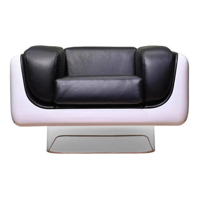 Restored William Andrus Steelcase Fiberglass Lounge Chair Black Leather Lucite Base For Sale