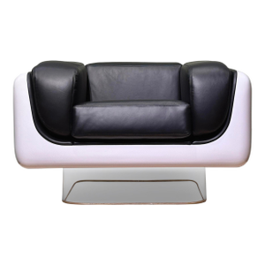Restored William Andrus Steelcase Fiberglass Lounge Chair Black Leather Lucite Base