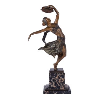 1940s A Titze Birks Foundry Deco Tambourine Dancer Bronze Sculpture For Sale