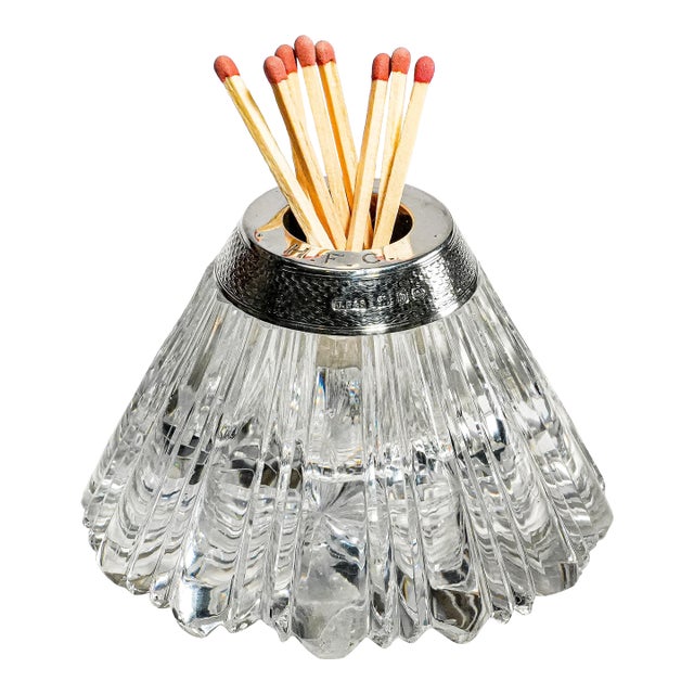 Lovely Victorian Antique Cut Crystal English Sterling Silver Match Holder Home Decor Tobacciana For Sale