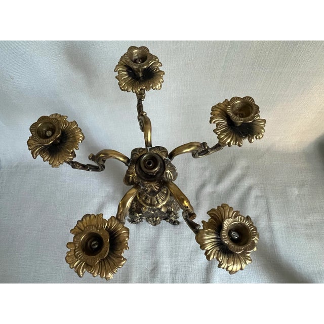 Brass Pair of Antique Ornate French Rococo 5-Arm Brass Candelabras For Sale - Image 8 of 12