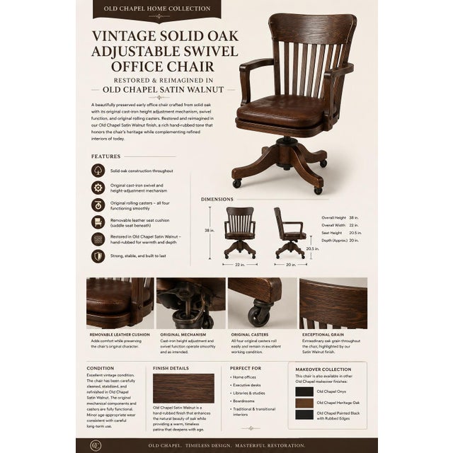American Early 20th Century Old Chapel Satin Walnut™ Executive Swivel Chair in Solid Oak With Leather Cushion & Original Cast-Iron Mechanism For Sale - Image 3 of 3