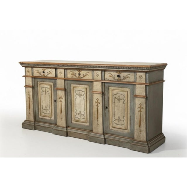 This is a stately and elegant vintage Italian painted sideboard or server, featuring fine craftsmanship and a hand-painted...
