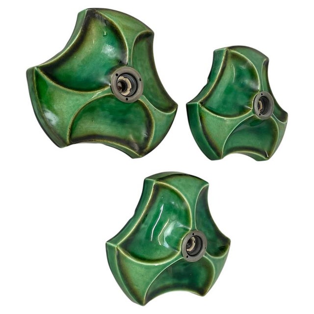 Sputnik Green Ceramic Wall Lights attributed to Pan Ceramics, Germany, 1970s, Set of 3 For Sale - Image 16 of 16
