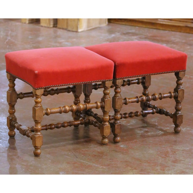 This handsome pair of antique French stools was crafted circa 1890, in the Louis XIII style. Built of solid walnut, each...