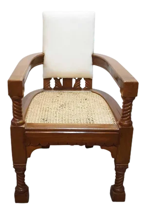 Anglo Indian Minerva Furniture Works Eastlake Caned Inlaid Teak Upholstered Armchair