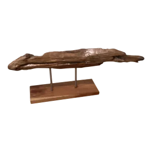 Large Acacia Wood Articulated Carved Abstract Fish on a Stand
