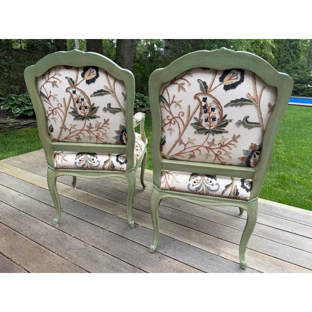 Pair of Custom Botanical Floral Crewel Work Painted Fauteuil Accent Chairs in Sage Green, Ochre and Teal For Sale - Image 18 of 18