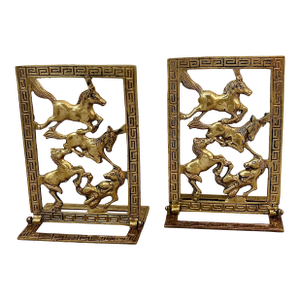 Vintage Chinoiserie Brass Horse Bookends With a Cut-Out Design of Galloping Horses Surrounded by a Greek Key Border-a Pair