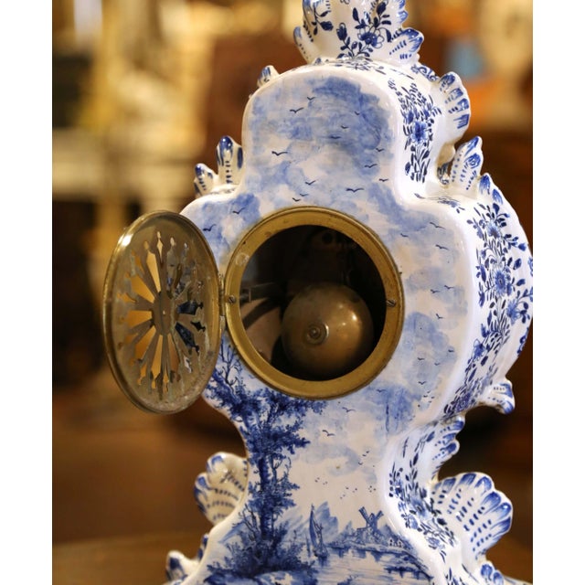 19th Century French Delft Blue and White Faience Mantel Clock With Windmill Scene For Sale - Image 9 of 11