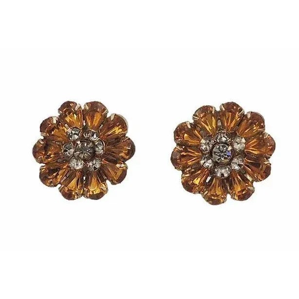 Gemstone Vintage 1950s Signed Kramer Goldtone Faux-Topaz Rhinestone Clip Earrings - 2 Pieces For Sale - Image 7 of 7