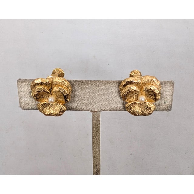 Mid-Century Modern Vintage 1960s Signed Napier Goldtone Faux-Pearl Pansy Clip Earrings-2 Pieces For Sale - Image 3 of 7