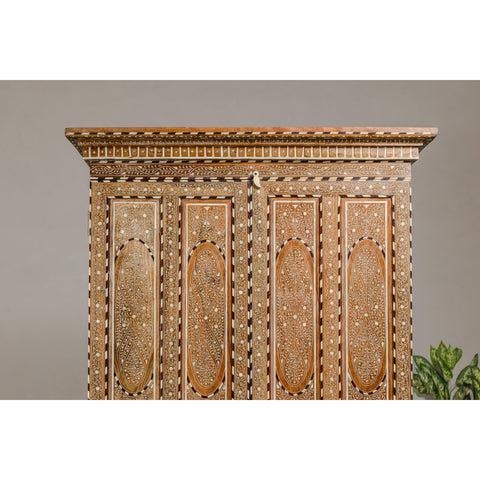Wood Anglo Indian Style Mango Wood Tall Cabinet with Floral Themed Bone Inlaid Décor For Sale - Image 7 of 12