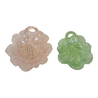 Early 20th Century Vintage Pink and Green Leaf Embossed Nesting Candy Dishes Bowls - Set of 2 For Sale