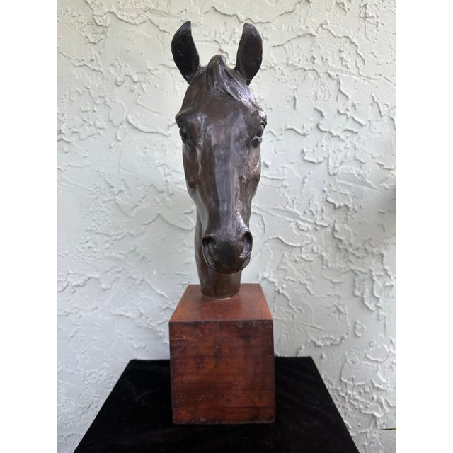 1970s Mid-Century Modern Cast Metal Horse Head Sculpture on Walnut Base, Bronze Finish For Sale In Orlando - Image 6 of 12