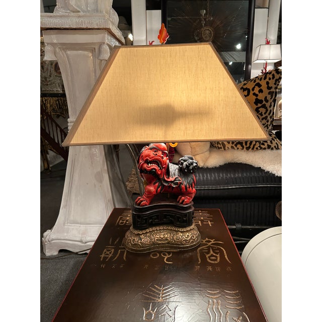1920s 1920s Lacquered Carved Wood Foo Dog Table Lamps- a Pair For Sale - Image 5 of 14