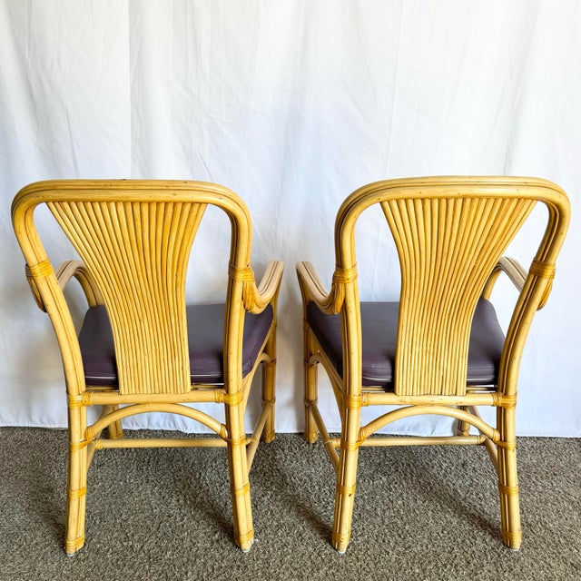 Wood Boho Chic Rattan Dining Arm Chairs With Purple Cushions - Set of 4 For Sale - Image 7 of 10