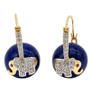 Natural Ruby, Lapis & Diamond Earring in 14k Gold For Sale
