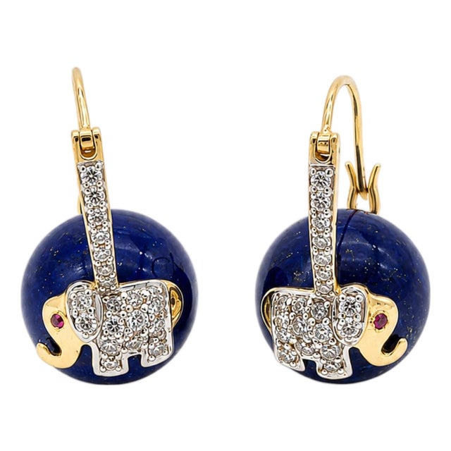 Natural Ruby, Lapis & Diamond Earring in 14k Gold For Sale