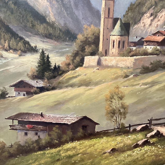 Early 20th Century Mid Century Modern Oil Painting Alpine Church Landscape by Othmar Wagner Austria For Sale In Chicago - Image 6 of 12