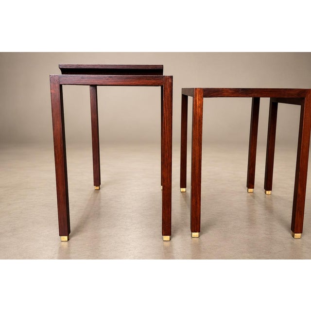 Wood Set of Three Brazilian Rosewood Nesting Tables with Removable Tray & Brass Sabots, 1960s For Sale - Image 7 of 18