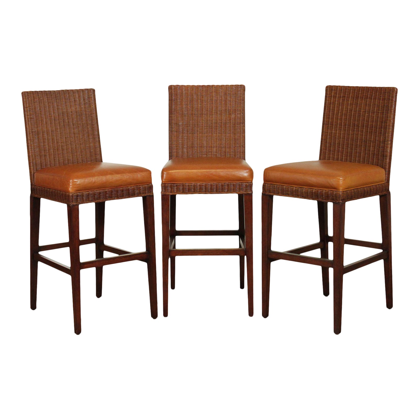 Ethan Allen Wicker Back Leather Seat Bar Stools Set of Chairish