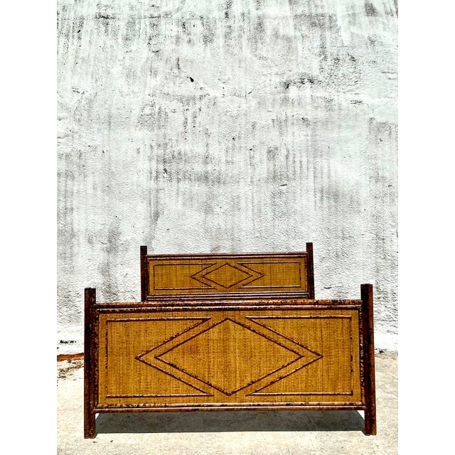 Late 20th Century Vintage Boho Tortoise Rattan Queen Bed For Sale - Image 5 of 11