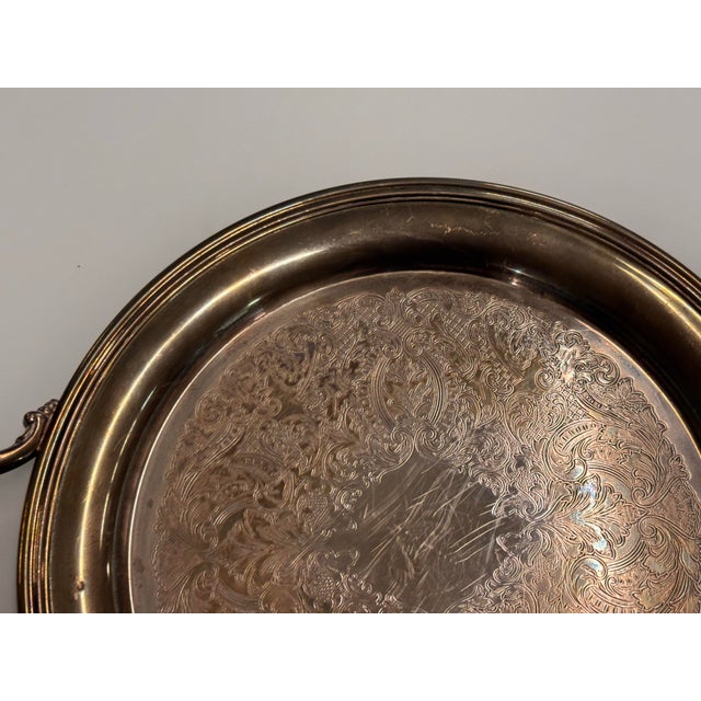 Silverplate Engraved Round Handled Tray, Vintage For Sale - Image 10 of 12