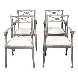 Set of Four Midcentury Italian Metal Armchairs with Brass Rams' Heads For Sale