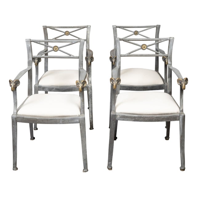 Set of Four Midcentury Italian Metal Armchairs with Brass Rams' Heads For Sale