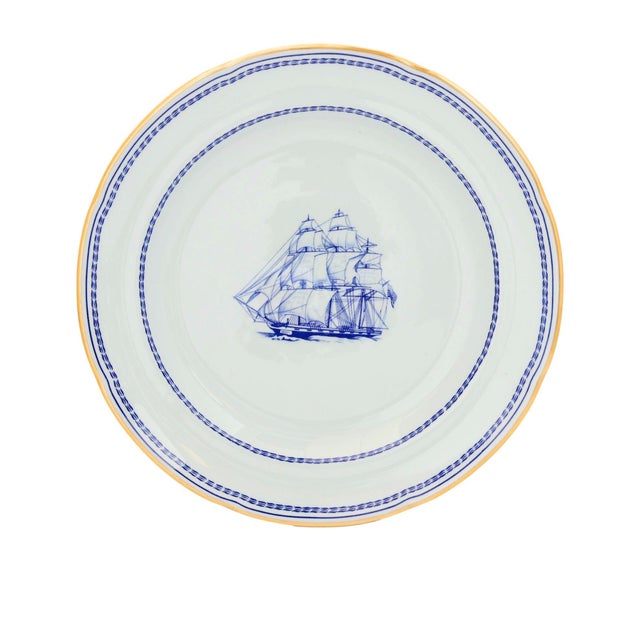 Set of twelve mid 20th century Spode Tradewinds salad plates featuring the clipper ship George of Salem rendered in cobalt...