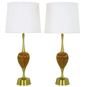 Rembrandt Lamp Company Brass and Ceramic Umber Melon Table Lamps - a Pair