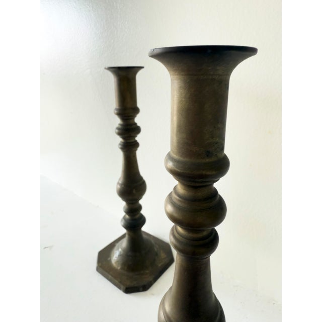 1970s Vintage Mid-Century Modern Brass Turned Candlestick Holders, a Pair For Sale - Image 5 of 13
