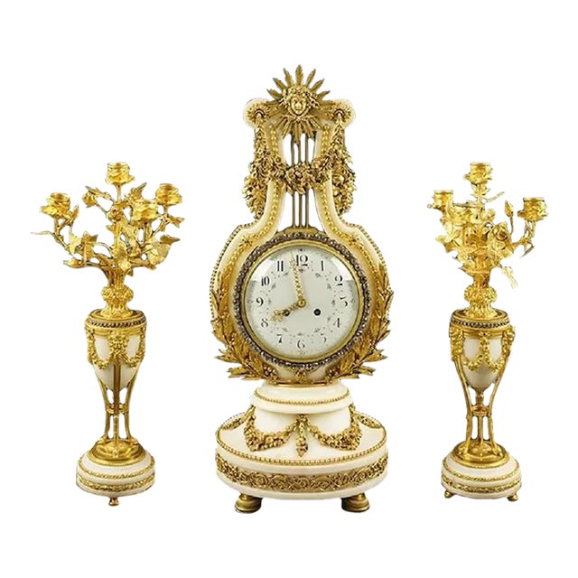 French 19th Century Marble and Bronze Clock Set - Set of 3 For Sale