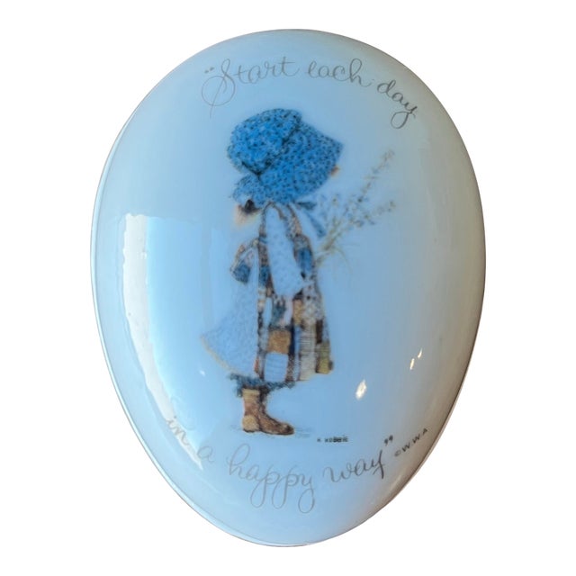 Vintage 1970's Holly Hobbie Egg Trinket Porcelain Box "Start Each Day in a Happy Way" Made in Japan For Sale