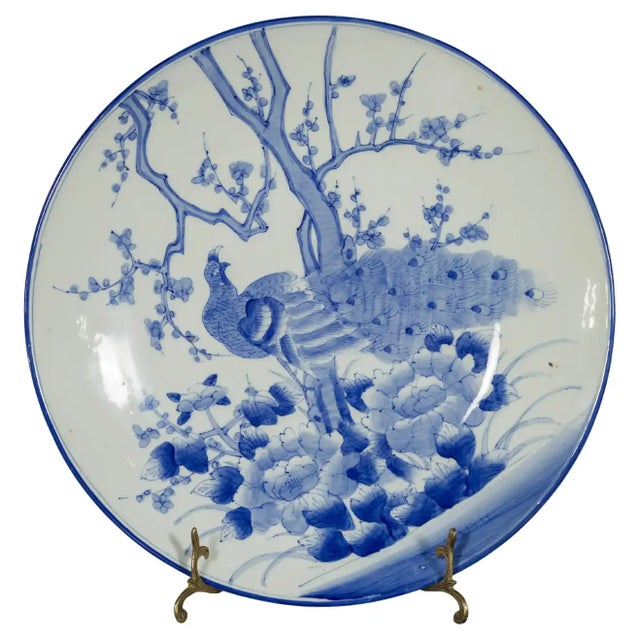 Japanese Blue and White Hand-Painted Porcelain Charger Plate with Peacock Bird For Sale - Image 13 of 13