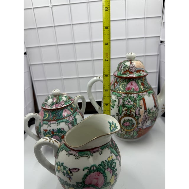 Ceramic Antique Chinese Famille Rose Medallion Porcelain Tea Set; Teapot, Sugar, Creamer For Sale - Image 7 of 12