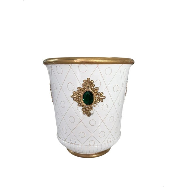 Mid-Century Modern 1960s Ugo Zaccagnini White & Gold Jeweled Italian Hollywood Regency Pottery Cachepot For Sale - Image 3 of 6
