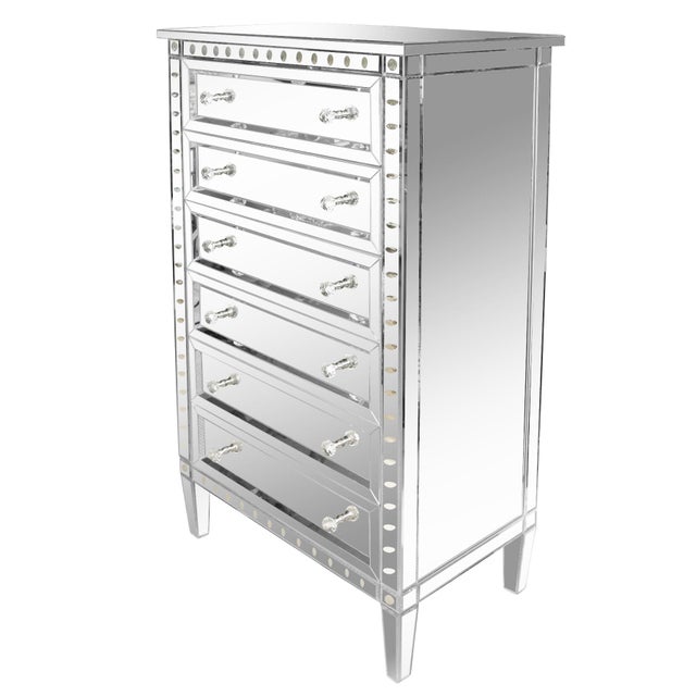 This elegant mirrored highboy chest of drawers exudes sophisticated charm and contemporary style. Featuring six inset-...