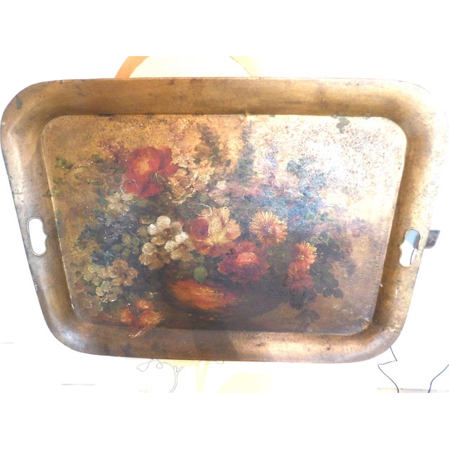 Antique Hand-Painted French Floral Large Tole Tray For Sale In New York - Image 6 of 12