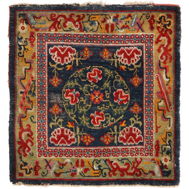 Antique Tibetan Geometric Green and Red Wool Floral Rug For Sale In New York - Image 6 of 7