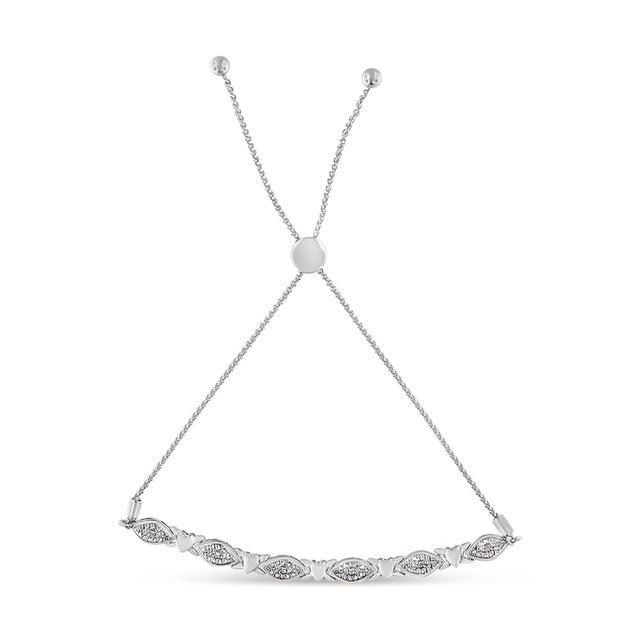 Contemporary 925 Sterling Silver Diamond Accent Alternating Marquise Shape and Heart Links Bolo Bracelet (I-J Color, I3 Clarity) - Adjustable 6" to 9" For Sale - Image 3 of 5